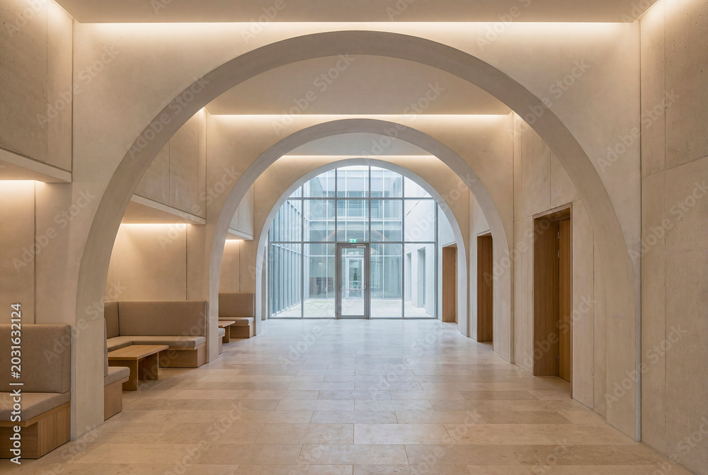 Fototapeta premium Premium public atrium interior with stairs, daylight, and spacious architectural circulation