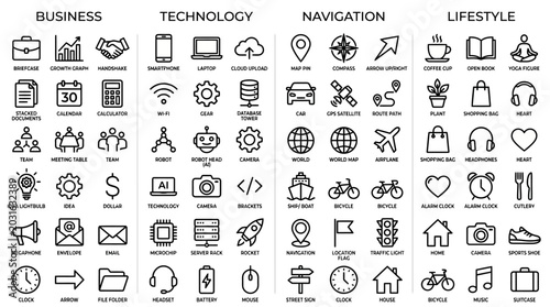 Comprehensive Outline Icons Set for Business, Technology, Navigation, and Lifestyle on an isolated white background.