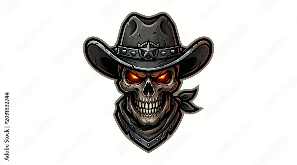 Fototapeta premium Dark Skull Wearing Cowboy Hat and Bandana with Glowing Red Eyes on Isolated White Background