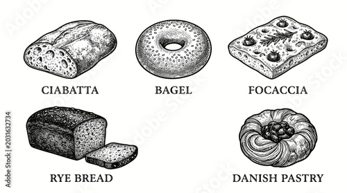 Photos Assorted Freshly Baked Bread and Pastry Collection including Ciabatta, Bagel, Fo