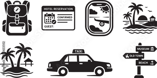 Travel vacation and tourism planning black vector icons set.