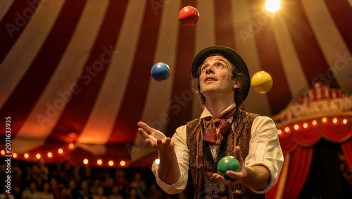 Circus tent interior with performer juggling colorful balls under warm spotlight.
