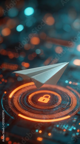 Paper airplane flying over a digital circuit board with a glowing orange padlock icon, concept of secure data transmission and privacy.