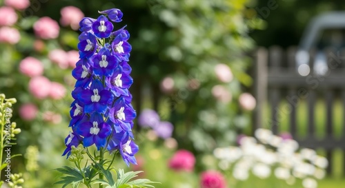 Vibrant Blue Delphinium Flower in a Lush Garden Setting.