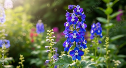 Vibrant Blue Delphinium Flowers in a Lush Garden Setting.