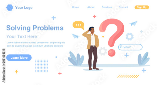 Tableau sur toile Thoughtful man with giant question marks contemplating a problem or decision