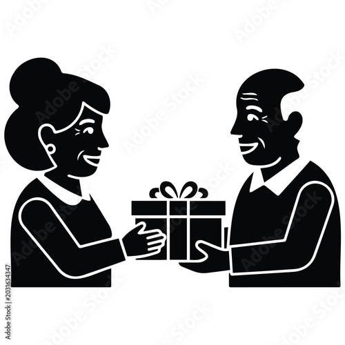 Senior couple exchanging gift vector silhouette illustration, elderly people line art.