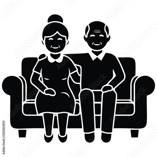 Senior couple on sofa vector silhouette illustration, grandparents relaxing line art.