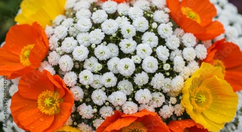 Vibrant floral arrangement with white chrysanthemums and orange poppies.