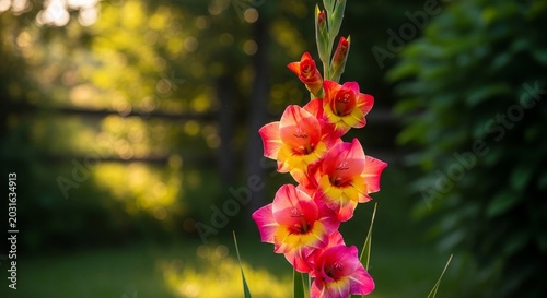 Vibrant Gladiolus Blooming in a Lush Garden Setting.