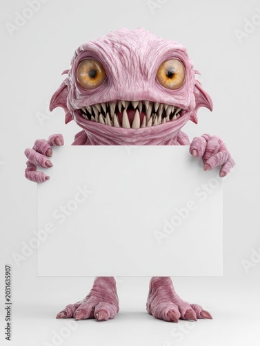 A small, pink, fantasy monster with large yellow eyes and sharp teeth holding a blank white sign, 3D character isolated on white.