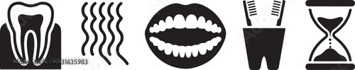Photos Dental care hygiene icons featuring molar structure floss string human mouth with teeth toothbrushes in cup and sand timer tools