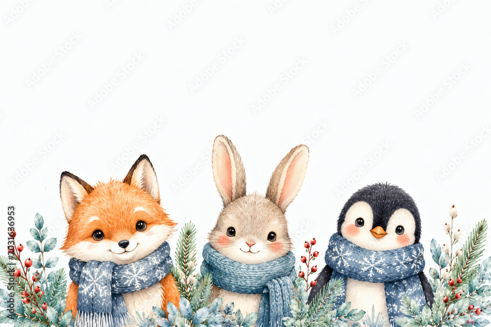 Obraz premium Cute Winter Woodland Animals with Scarves Christmas Illustration