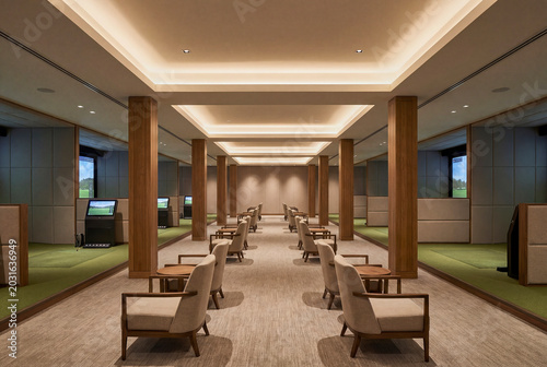 Minimal restaurant and lounge interior with refined seating and warm architectural lighting