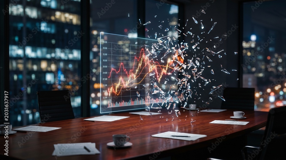 © Wisnu - Financial market data exploding into fragments, symbolizing volatility and rapid change in a modern boardroom