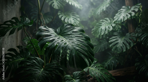 Moody Tropical Jungle with Monstera Leaves Atmospheric Botanical Background