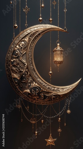 Ornate golden crescent moon decoration hanging with glowing lanterns and star pendants, intricate metalwork background.