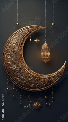 Ornamental golden crescent moon with intricate carvings and hanging glowing lantern, festive decorative background with shimmering particles.