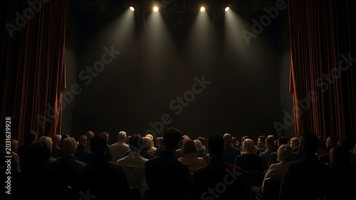 Theater backstage with actors waiting silently in dim light, side curtains swaying.
