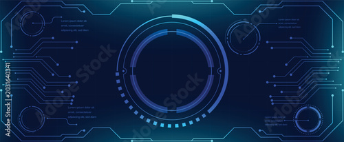 Futuristic HUD dashboard interface with circular infographic technology background
