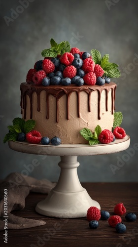 Chocolate drip cake topped with fresh raspberries, blueberries, and mint leaves on a white pedestal, dark rustic background.