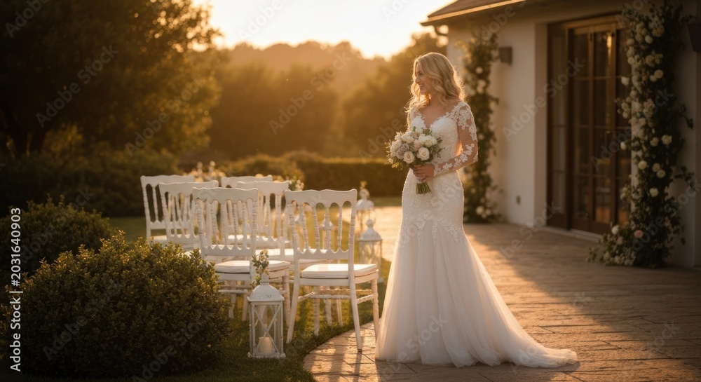 Obraz premium Bride in elegant gown, awaiting ceremony outdoors at sunset