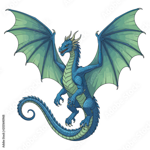 Bilde på lerret Majestic Blue Dragon with Spread Wings, Mythical Creature Illustration