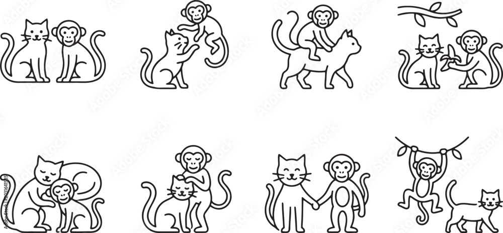 Obraz premium Funny cats playing and hanging out with monkey friends