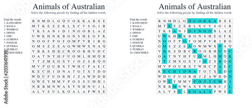 Photography Animals of Australian Word seek puzzle sheet