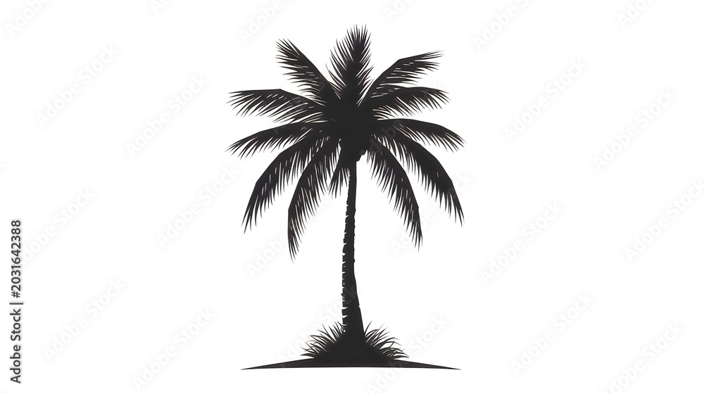 Naklejka premium Coconut palm tree silhouette, tall textured trunk, numerous long curved fronds, isolated black decorative vector artwork