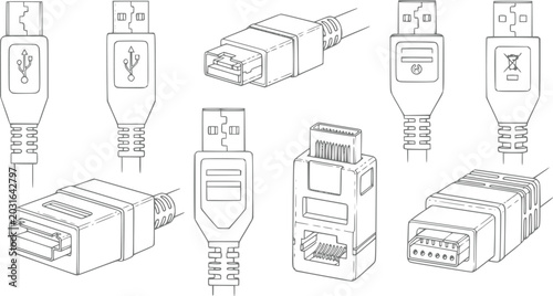 Fotografie A collection of various computer cable connectors and electronic interface plugs