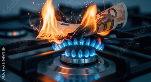 A 50 Euro banknote burning over a blue gas flame on a stove, symbolizing high energy costs and financial strain.