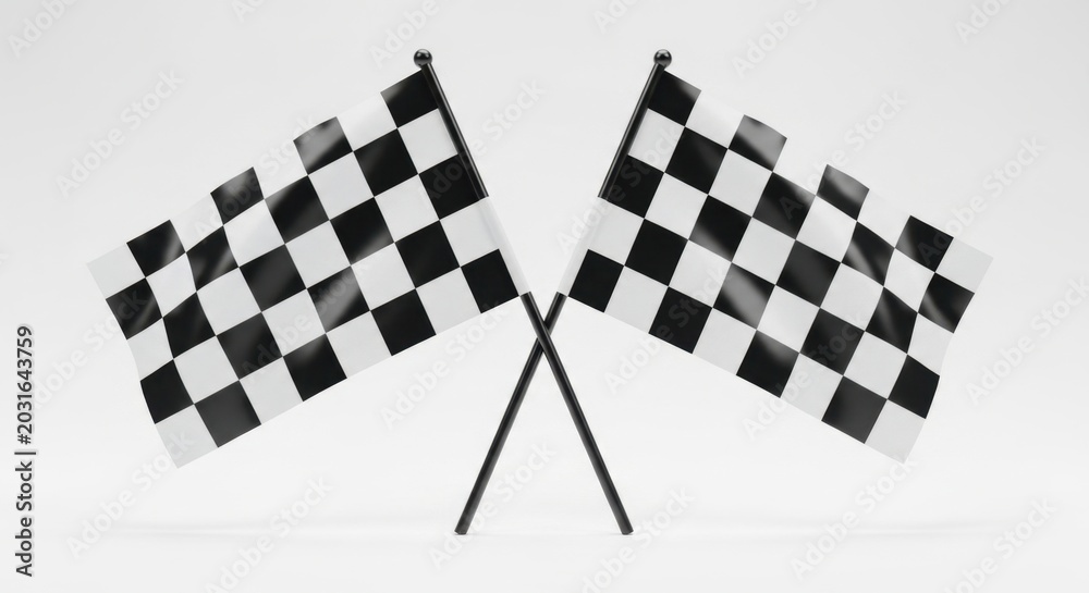 Fototapeta premium Two Crossed Black and White Checkered Racing Flags Isolated on a Plain Background Representing Victory and Competition