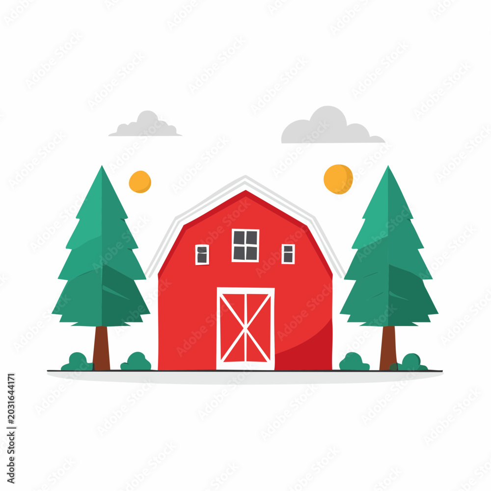 Naklejka premium Red Barn with Trees and Sun