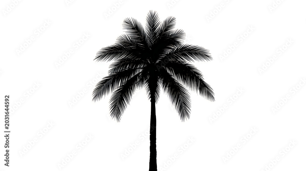 Fototapeta premium Silhouette of a Tall Tropical Palm Tree with Dense Fronds on Light Background