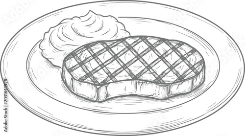 Foto A hand-drawn of a grilled steak served with a side of mashed potatoes on a round