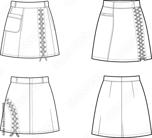 High waisted a line mini skirt with lace up details and side pocket cad drawing flat vector illustration technical sketch