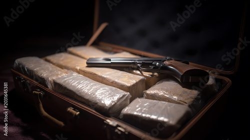 Illicit Cache Revealed: Unpacking Contraband Bundles and a Weapon from a Briefcase in a Dimly Lit, Mysterious Setting