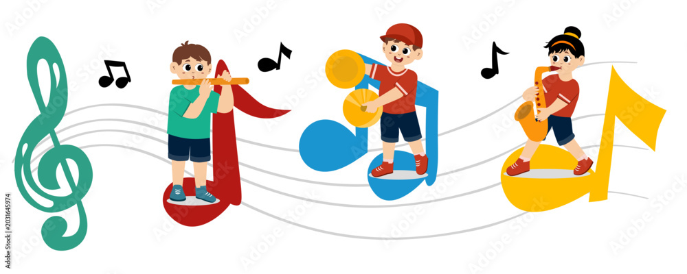 Fototapeta premium Little kid enjoys climbing the scales and musical notes while playing musical instruments