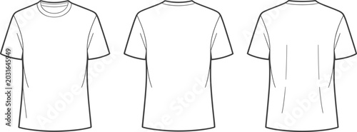 Men crew neck blank t shirt technical sketch front and back view fashion flat mockup vector illustration set