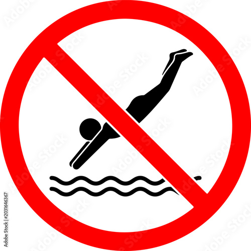 Obraz na plátně No diving allowed sign icon, a flat vector illustration of a red circular prohibition symbol with a black silhouette of a person jumping headfirst into water waves below it
