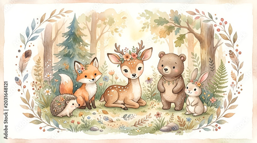 Fototapeta premium Cute Woodland Animals Friends Forest Watercolor Illustration