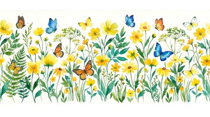 Watercolor Meadow Border: Yellow Flowers and Butterflies in Bloom