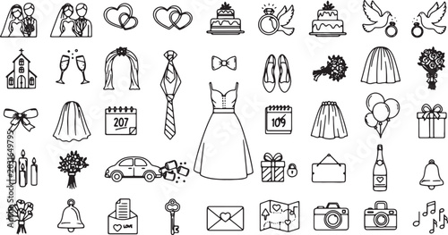 Bild auf Leinwand Minimalist Wedding Line Art Icons Set with Elegant Silhouettes and Symbols Vecto