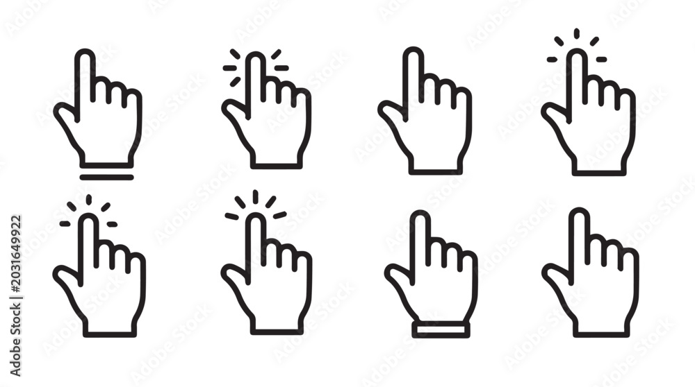 Fototapeta premium Set of eight cursor icons on a white background symbolizing digital selection and user interface navigation