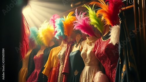 Backstage rack with colorful feather headdresses and sequined costumes in an old theater.
