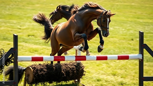 Horse mid-jump over obstacle, muscles tense, motion blur on grassy background.