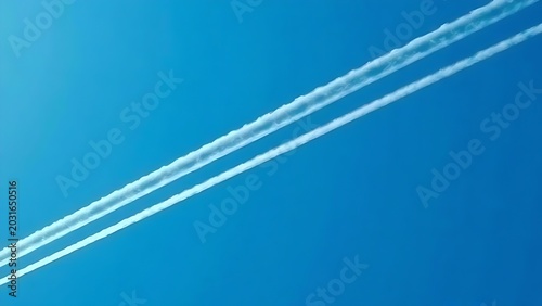 Three white contrails in a deep blue sky, minimalist aviation theme.