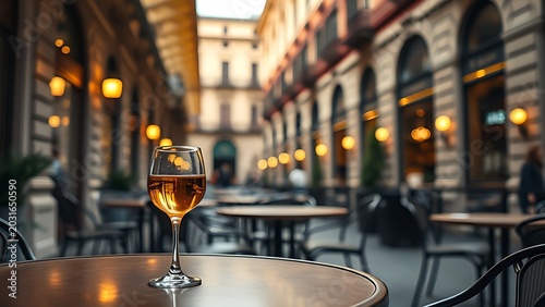 Empty cafe table with a glass at a historic Milanese arcade terrace.