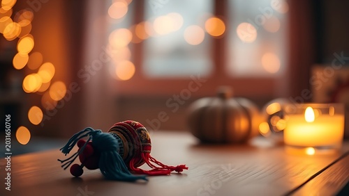 Mongolian Naadam festival silk scarf ornament with fairy lights.